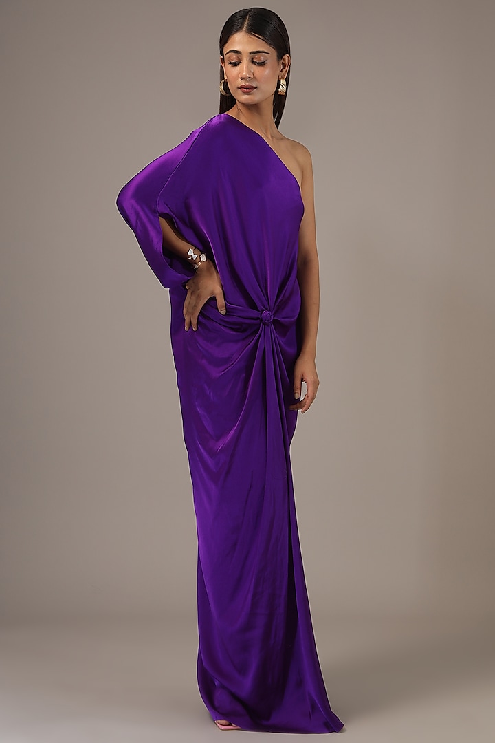 Purple Silk Lycra Satin One-Shoulder Maxi Dress by Stephany at Pernia's Pop Up Shop