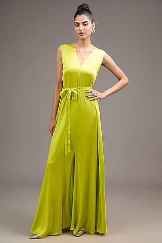 Green SIlk Lycra Satin Jumpsuit With Belt by Stephany