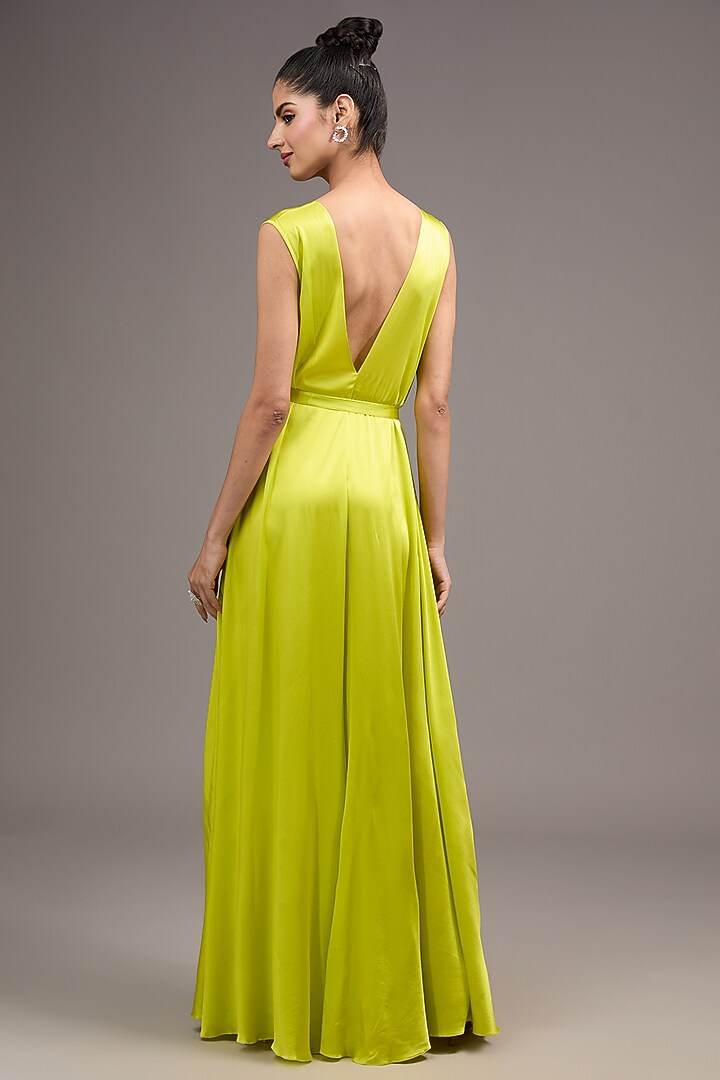 Green SIlk Lycra Satin Jumpsuit With Belt by Stephany at Pernia's Pop Up Shop