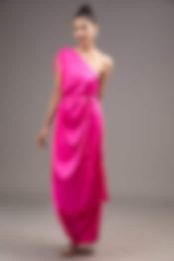 Pink Silk Lycra Satin One-Shoulder Pleated Dress by Stephany at Pernia's Pop Up Shop