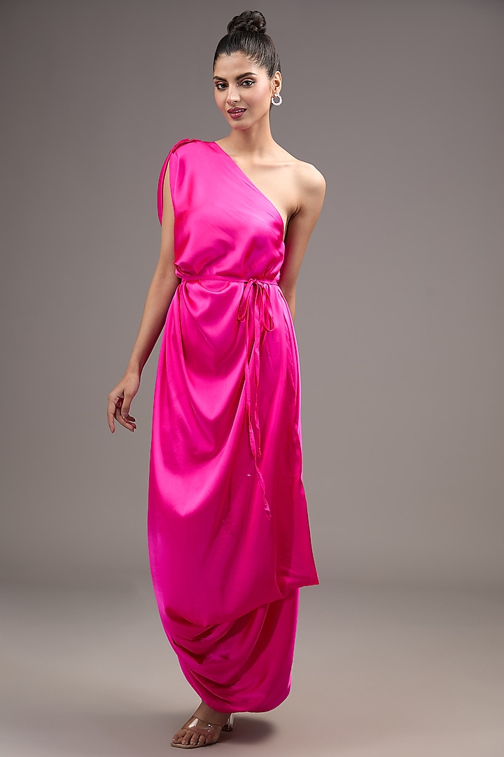 Pink Silk Lycra Satin One-Shoulder Pleated Dress by Stephany at Pernia's Pop Up Shop