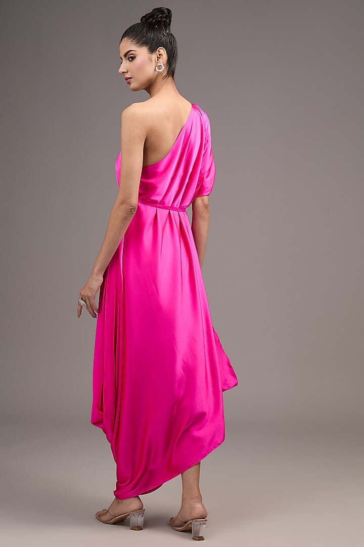 Pink Silk Lycra Satin One-Shoulder Pleated Vacation Dress by Stephany at Pernia's Pop Up Shop