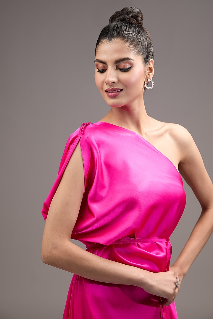 Pink Silk Lycra Satin One-Shoulder Pleated Vacation Dress by Stephany at Pernia's Pop Up Shop