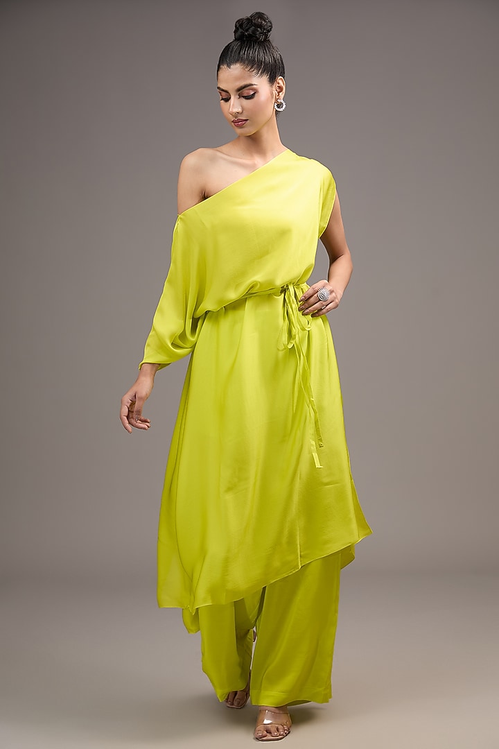 Green Silk Satin Georgette Tunic Set by Stephany at Pernia's Pop Up Shop
