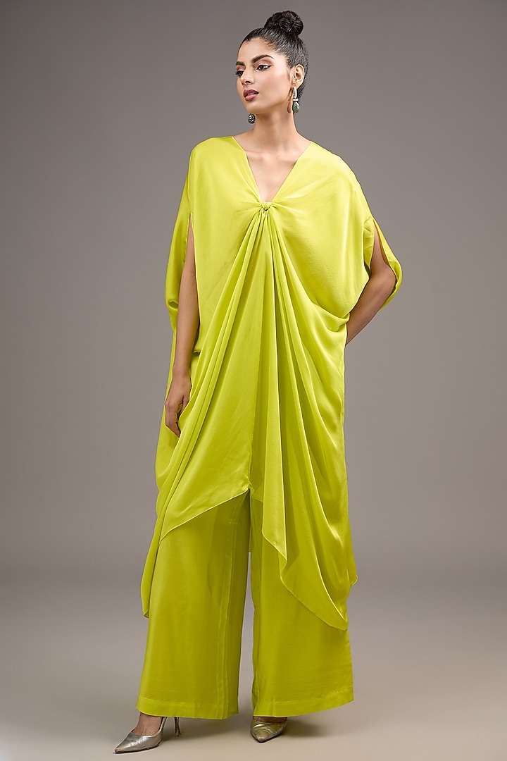 Green Silk Satin Georgette Co-Ord Set by Stephany at Pernia's Pop Up Shop