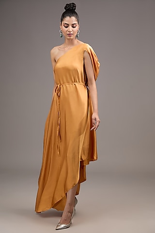 Gold Silk Lycra Satin One-Shoulder Dress by Stephany