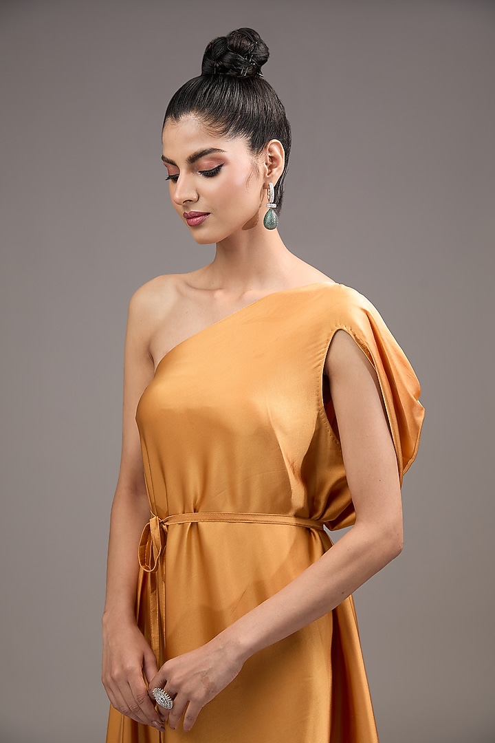 Gold Silk Lycra Satin One-Shoulder Vacation Dress by Stephany at Pernia's Pop Up Shop