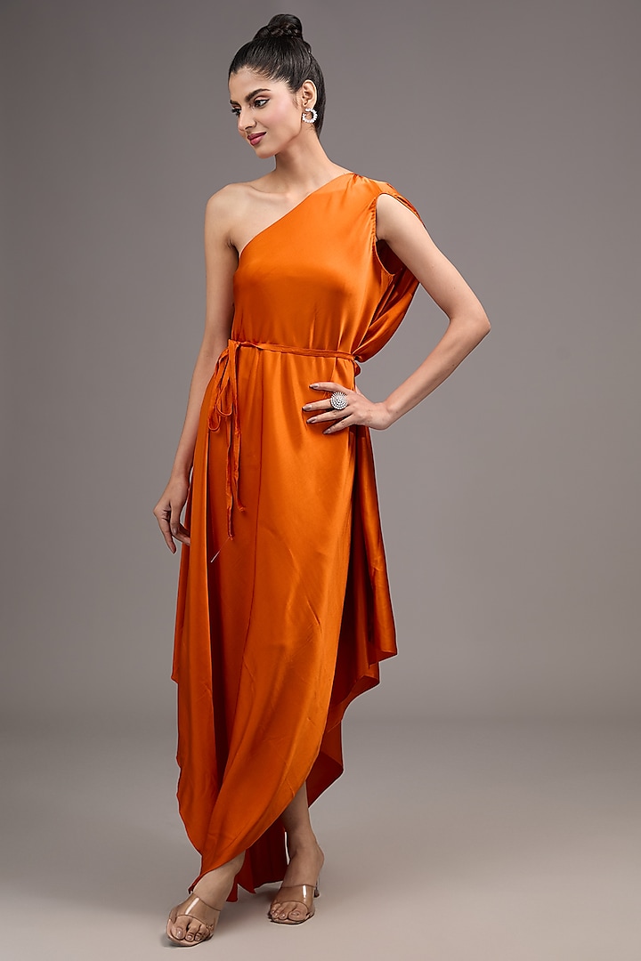 Orange Silk Lycra Satin One-Shoulder Dress by Stephany at Pernia's Pop Up Shop