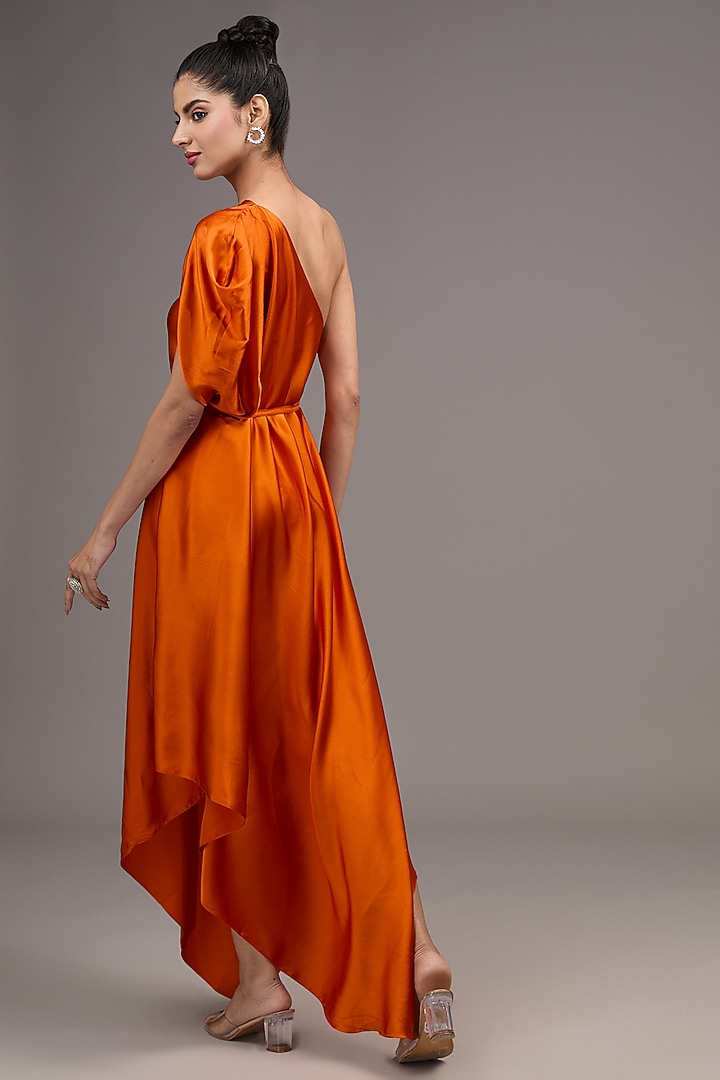 Orange Silk Lycra Satin One-Shoulder Vacation Dress by Stephany at Pernia's Pop Up Shop