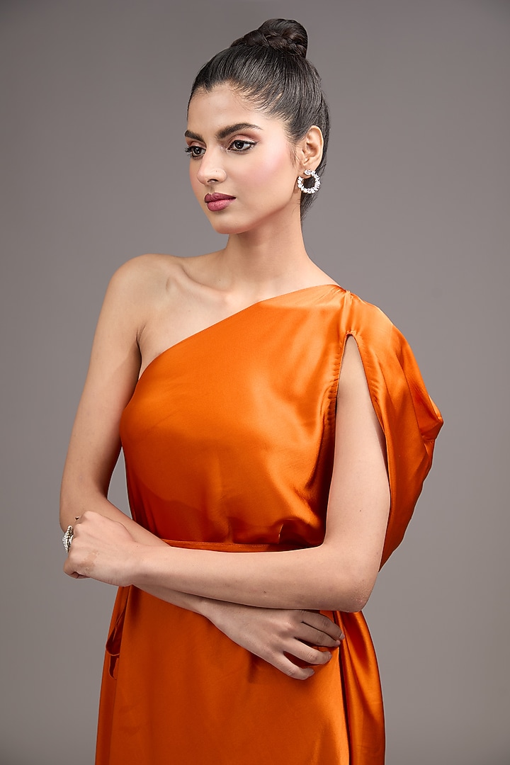 Orange Silk Lycra Satin One-Shoulder Vacation Dress by Stephany at Pernia's Pop Up Shop 2026 Orange Silk Lycra Satin One-Shoulder Vacation Dress by Stephany at Pernia's Pop Up Shop 2026