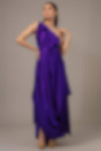 Purple Silk Lycra Satin One-Shoulder Draped Maxi Dress by Stephany at Pernia's Pop Up Shop