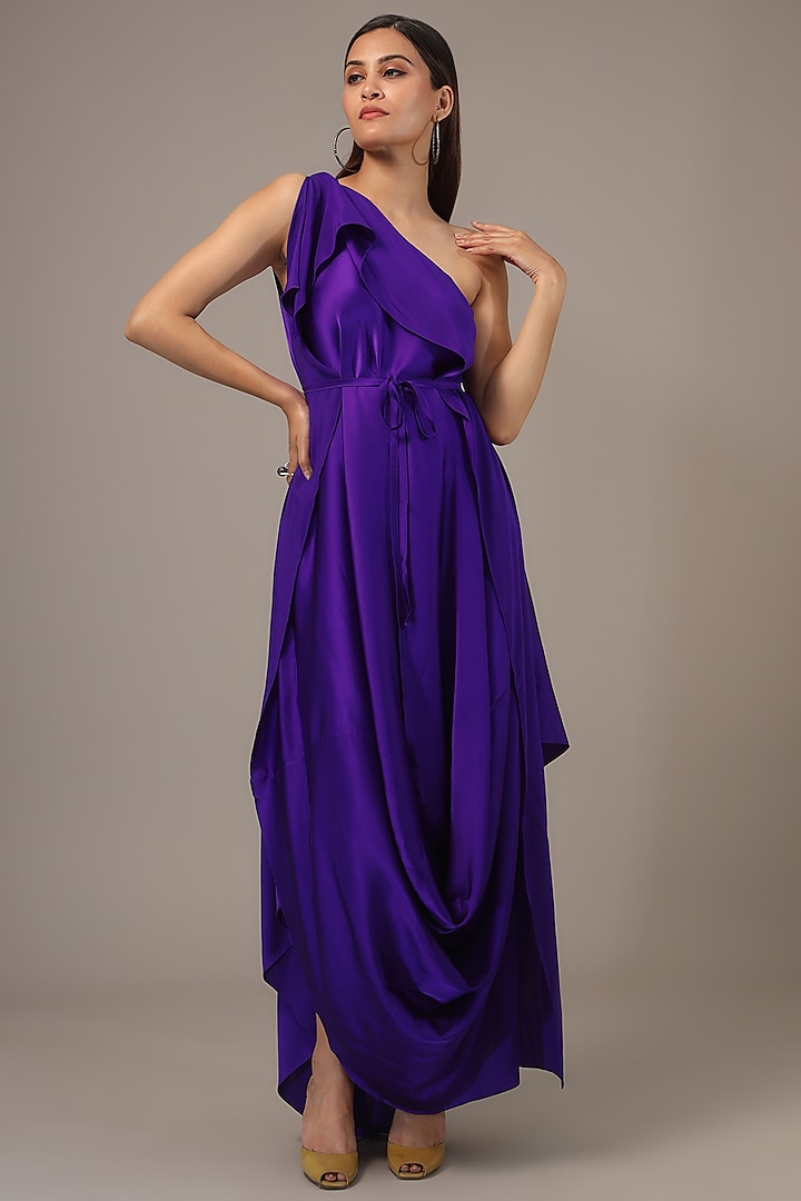 Purple Silk Lycra Satin One-Shoulder Draped Maxi Dress by Stephany at Pernia's Pop Up Shop