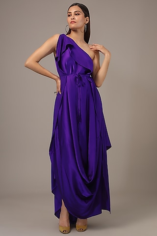Purple Silk Lycra Satin One-Shoulder Draped Maxi Dress by Stephany