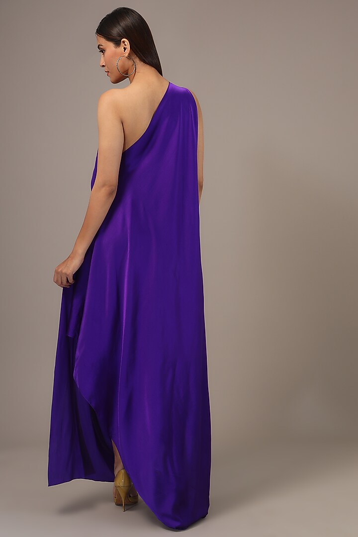 Purple Silk Lycra Satin One-Shoulder Draped Maxi Vacation Dress by Stephany at Pernia's Pop Up Shop