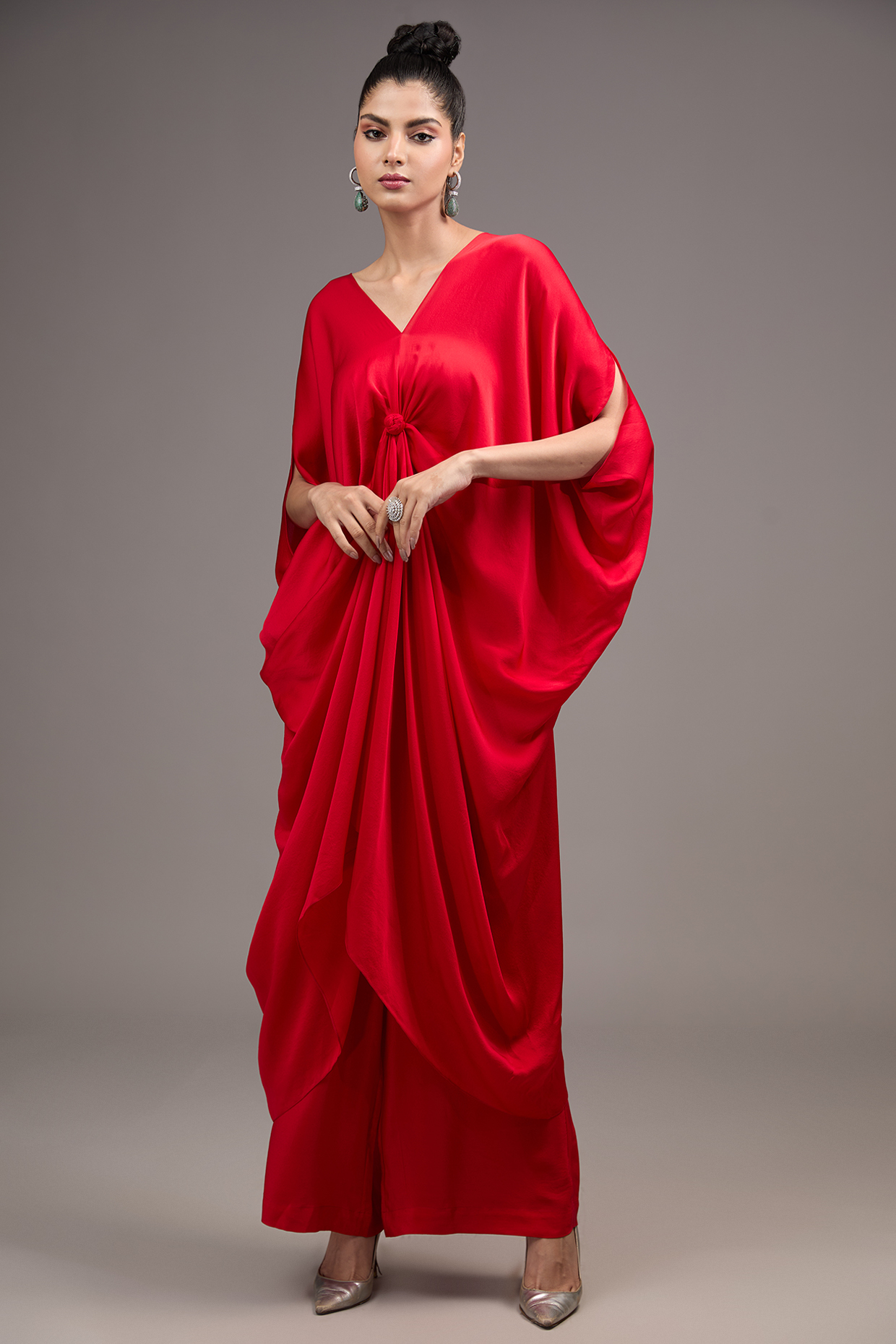 Red Silk Satin Georgette Tunic Set by Stephany at Pernia's Pop Up Shop