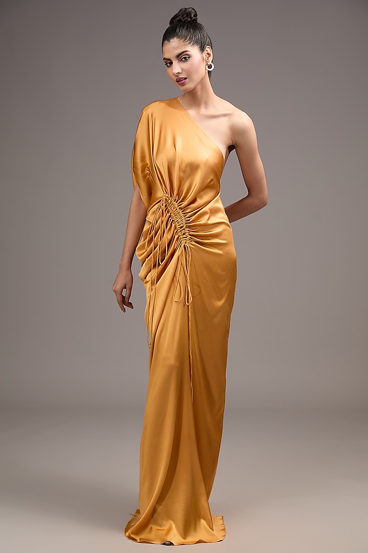 Gold Silk Lycra Satin One-Shoulder Dress by Stephany at Pernia's Pop Up Shop