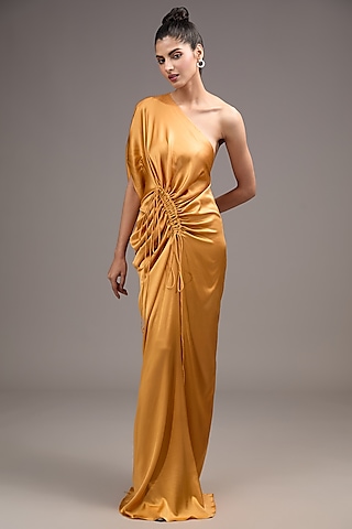 Gold Silk Lycra Satin One-Shoulder Dress by Stephany