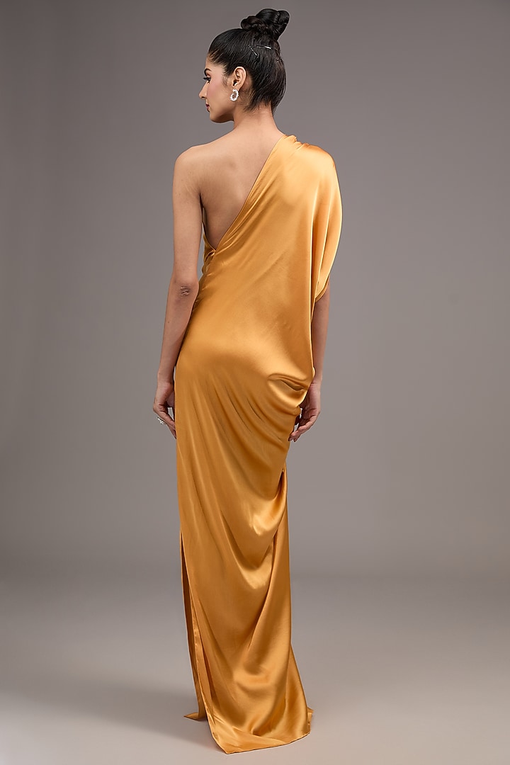 Gold Silk Lycra Satin One-Shoulder Vacation Dress by Stephany at Pernia's Pop Up Shop