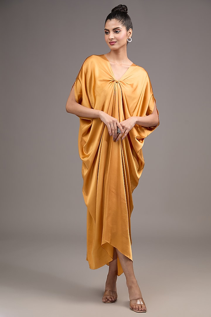 Gold Silk Lycra Satin Kaftan Dress by Stephany at Pernia's Pop Up Shop