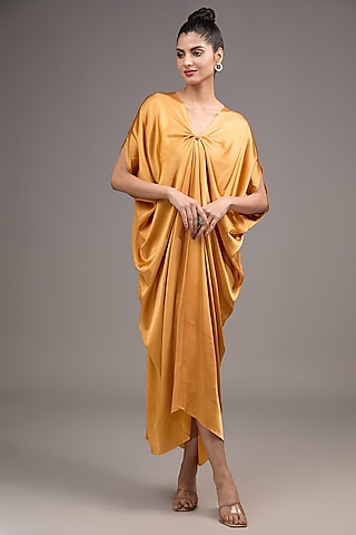 Gold Silk Lycra Satin Kaftan Dress by Stephany