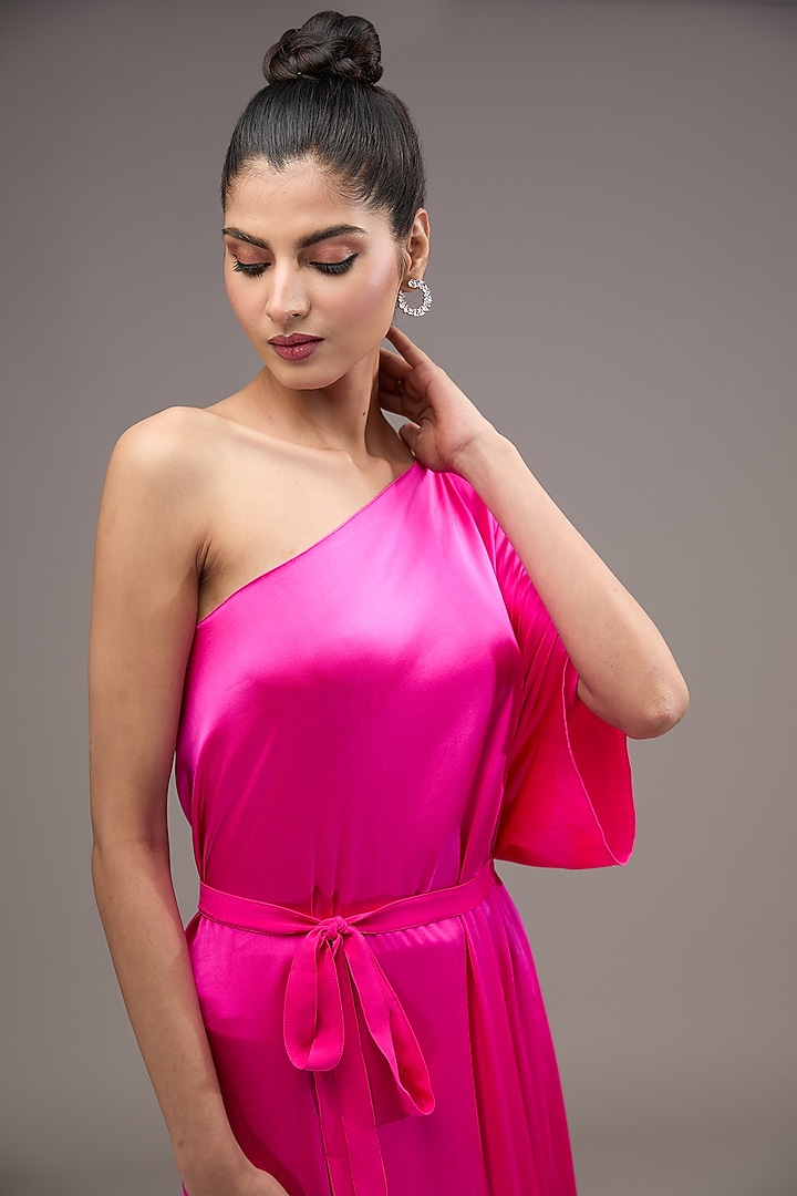 Pink Silk Lycra Satin One-Shoulder Vacation Dress by Stephany at Pernia's Pop Up Shop