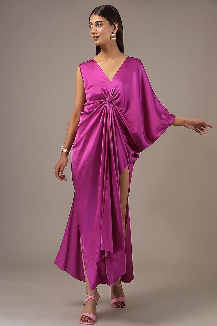 Maroon Silk Lycra Satin Maxi Dress by Stephany at Pernia's Pop Up Shop