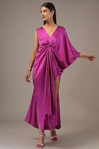 Maroon Silk Lycra Satin Maxi Dress by Stephany