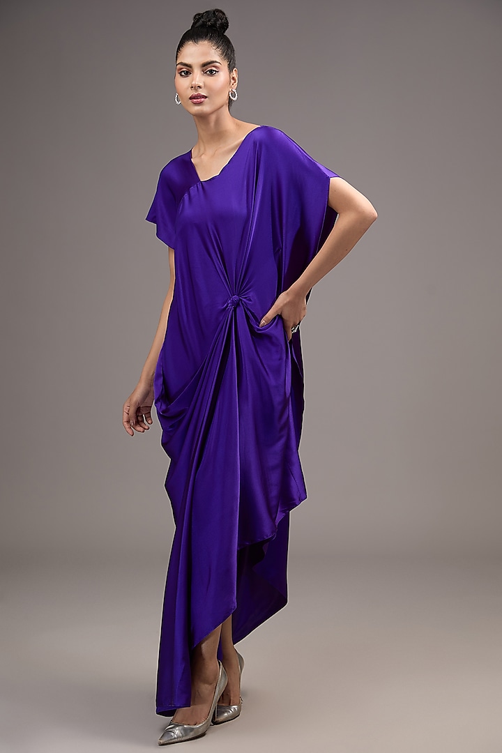 Purple Silk Lycra Satin Draped Dress by Stephany at Pernia's Pop Up Shop