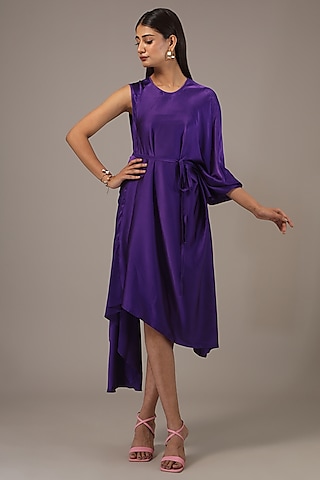 Purple Silk Lycra Satin Midi Dress by Stephany