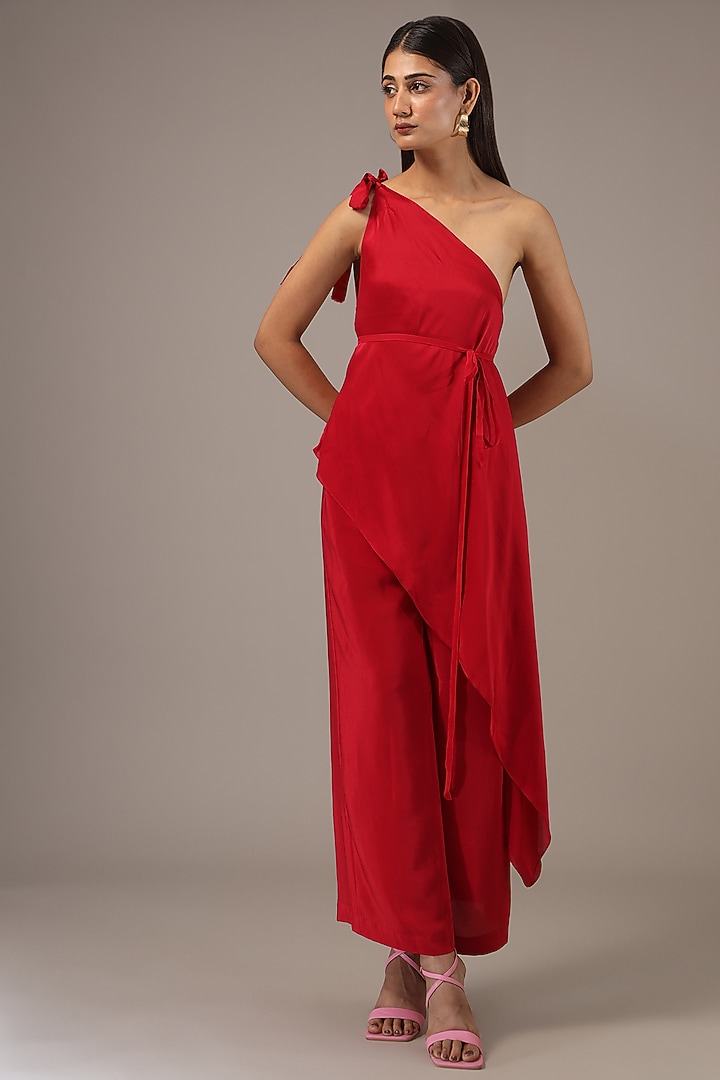 Red Silk Satin Georgette & Silk Crepe Co-Ord Set by Stephany at Pernia's Pop Up Shop