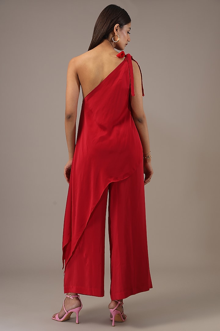 Red Silk Satin Georgette & Silk Crepe Co-Ord Set by Stephany at Pernia's Pop Up Shop