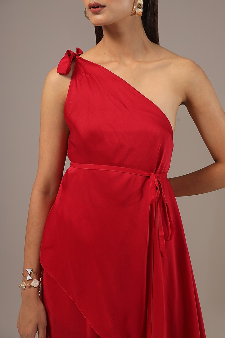 Red Silk Satin Georgette & Silk Crepe Co-Ord Set by Stephany at Pernia's Pop Up Shop