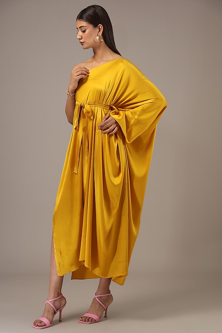 Yellow Silk Lycra Satin One-Shoulder Wrap Midi Dress by Stephany at Pernia's Pop Up Shop