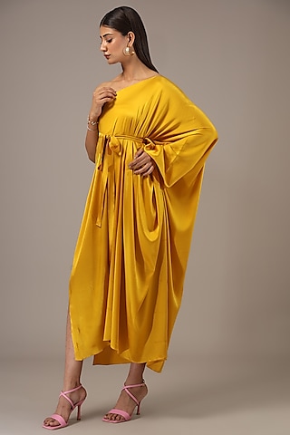 Yellow Silk Lycra Satin One-Shoulder Wrap Midi Dress by Stephany