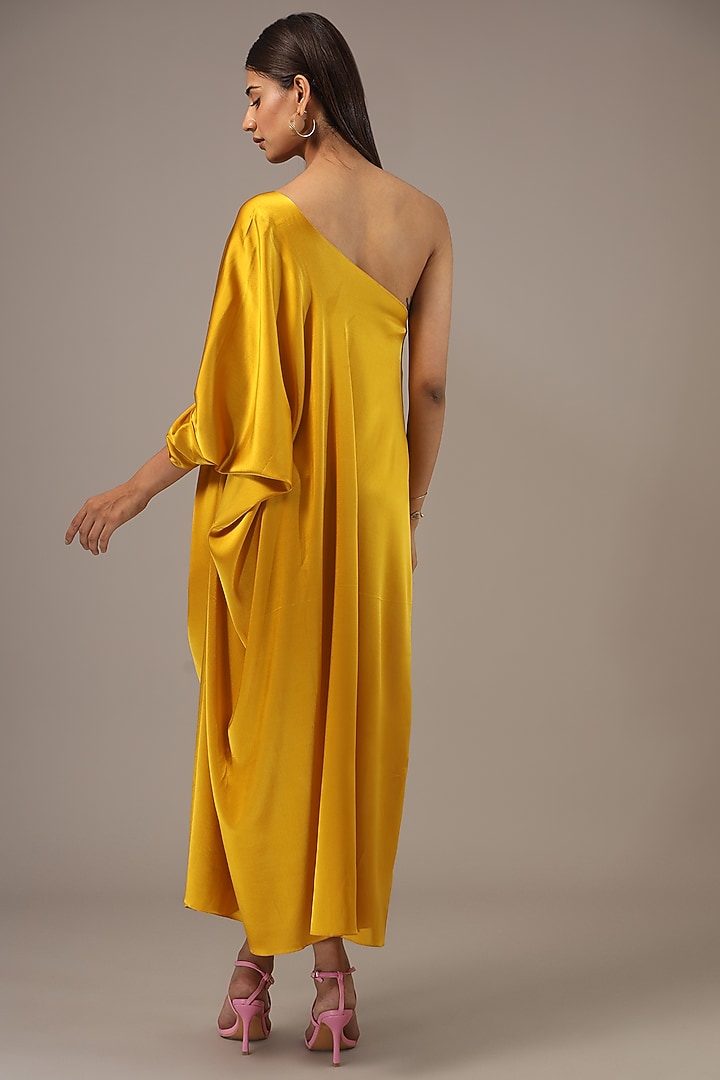 Yellow Silk Lycra Satin One-Shoulder Wrap Midi Vacation Dress by Stephany at Pernia's Pop Up Shop