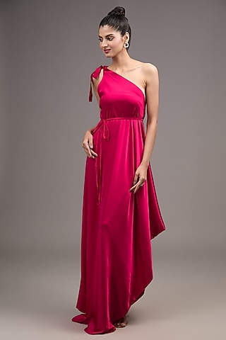 Red Silk Lycra Satin One-Shoulder Maxi Dress by Stephany