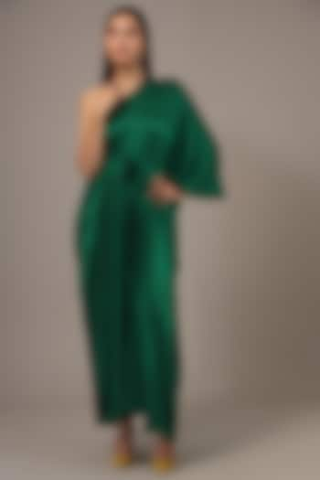 Green Silk Lycra Satin One-Shoulder Wrap Maxi Dress by Stephany at Pernia's Pop Up Shop