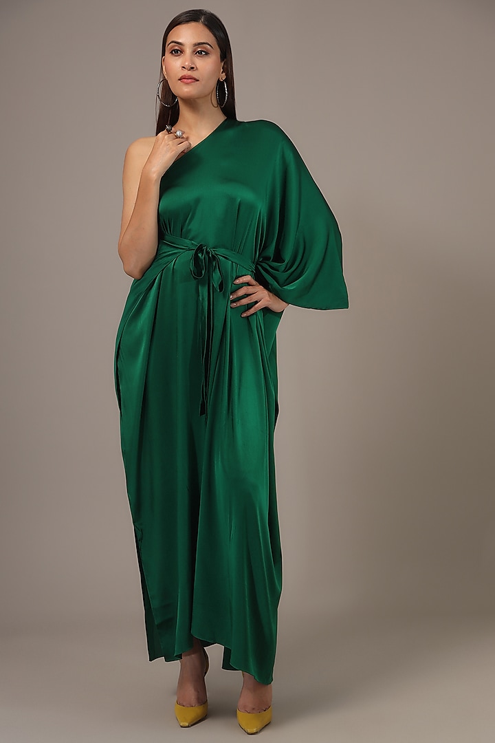 Green Silk Lycra Satin One-Shoulder Wrap Maxi Dress by Stephany at Pernia's Pop Up Shop