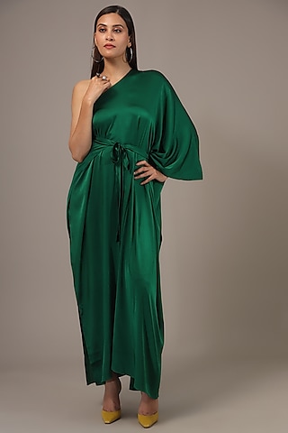 Green Silk Lycra Satin One-Shoulder Wrap Maxi Dress by Stephany