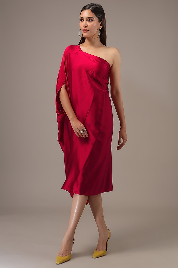 Red Silk Lycra Satin Pleated One-Shoulder Midi Dress by Stephany at Pernia's Pop Up Shop