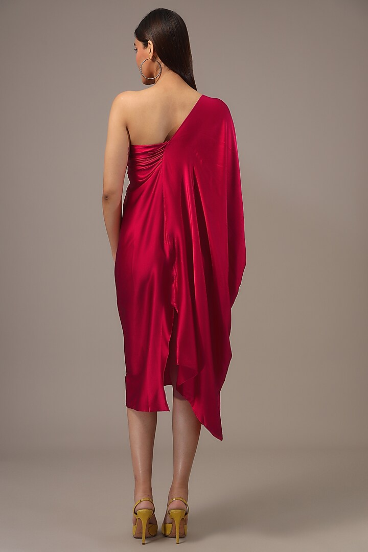 Red Silk Lycra Satin Pleated One-Shoulder Midi Vacation Dress by Stephany at Pernia's Pop Up Shop