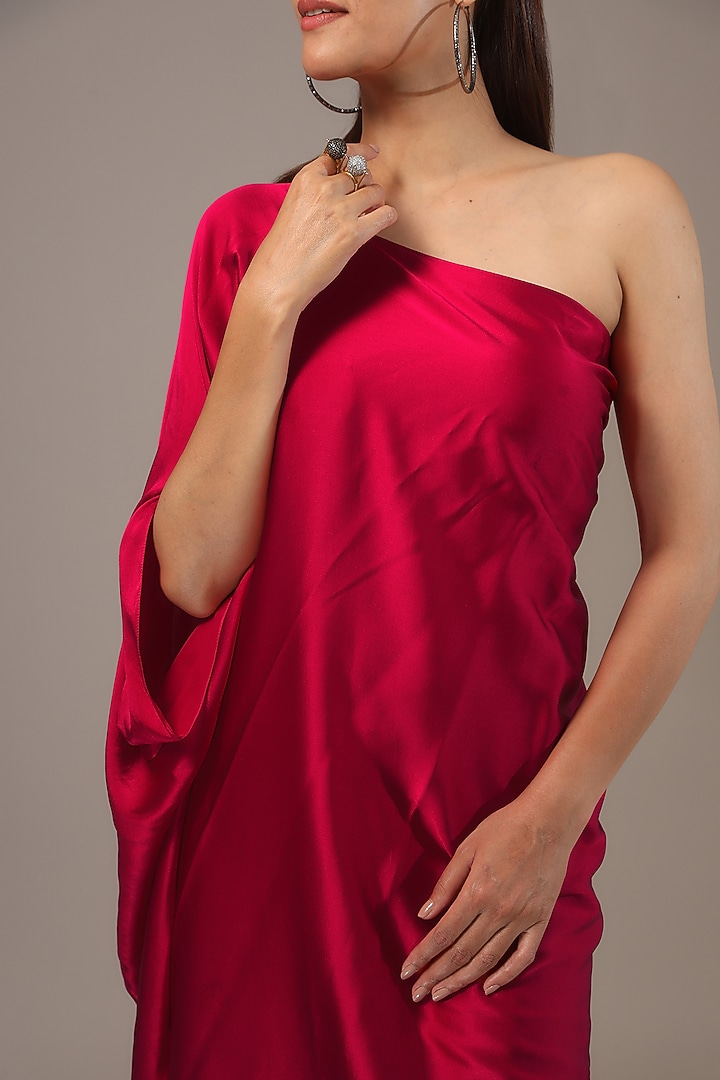 Red Silk Lycra Satin Pleated One-Shoulder Midi Vacation Dress by Stephany at Pernia's Pop Up Shop