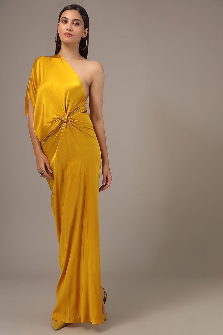 Gold Silk Lycra Satin One-Shoulder Maxi Dress by Stephany at Pernia's Pop Up Shop