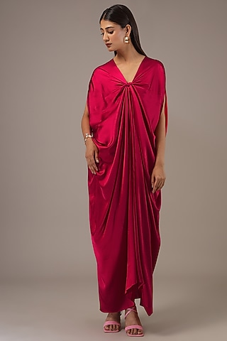 Red Silk Lycra Satin Knotted Kaftan Maxi Dress by Stephany