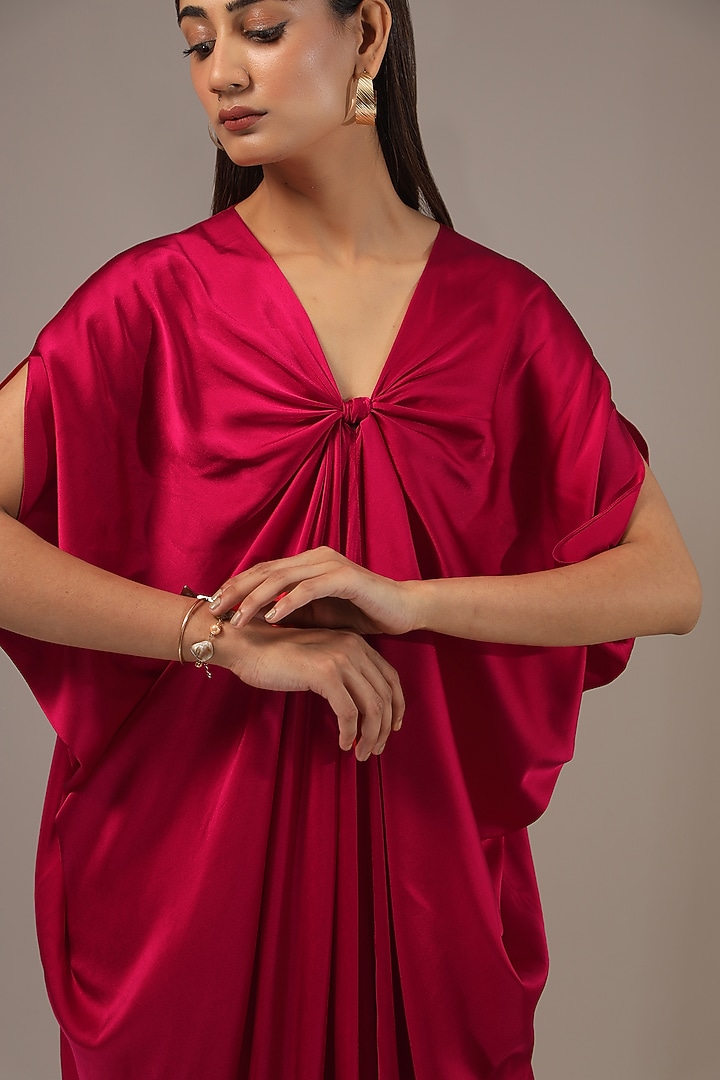 Red Silk Lycra Satin Knotted Kaftan Maxi Vacation Dress by Stephany at Pernia's Pop Up Shop