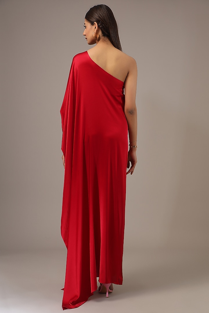Red Silk Lycra Satin One-Shoulder Maxi Vacation Dress by Stephany at Pernia's Pop Up Shop