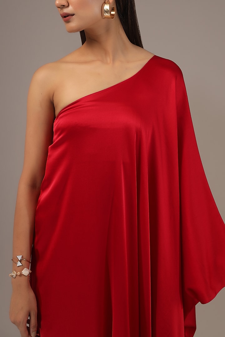 Red Silk Lycra Satin One-Shoulder Maxi Vacation Dress by Stephany at Pernia's Pop Up Shop