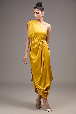 Gold Silk Lycra Satin One-Shoulder Dress by Stephany