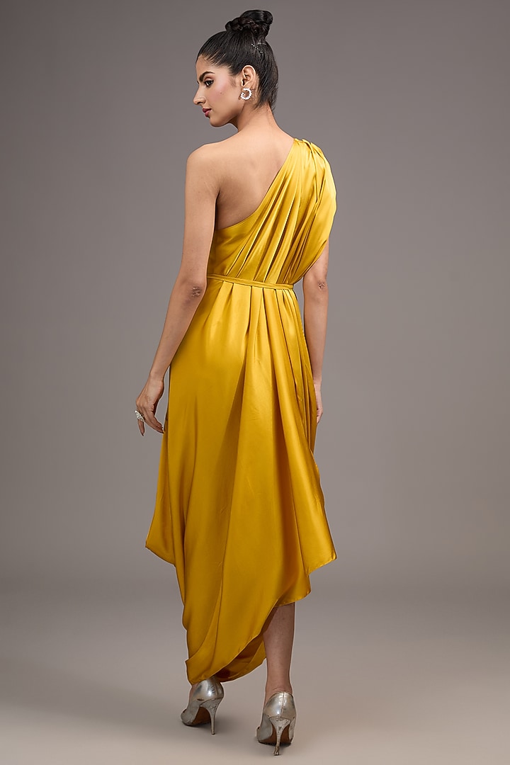 Gold Silk Lycra Satin One-Shoulder Vacation Dress by Stephany at Pernia's Pop Up Shop