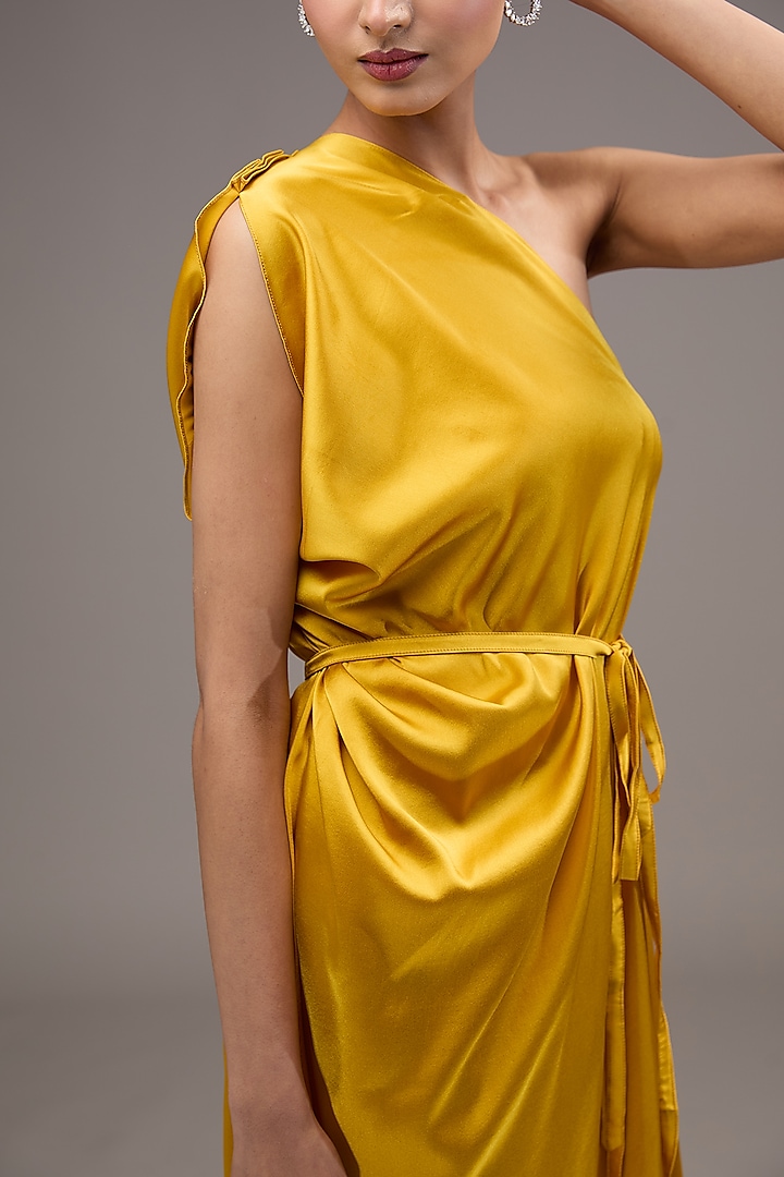 Gold Silk Lycra Satin One-Shoulder Vacation Dress by Stephany at Pernia's Pop Up Shop
